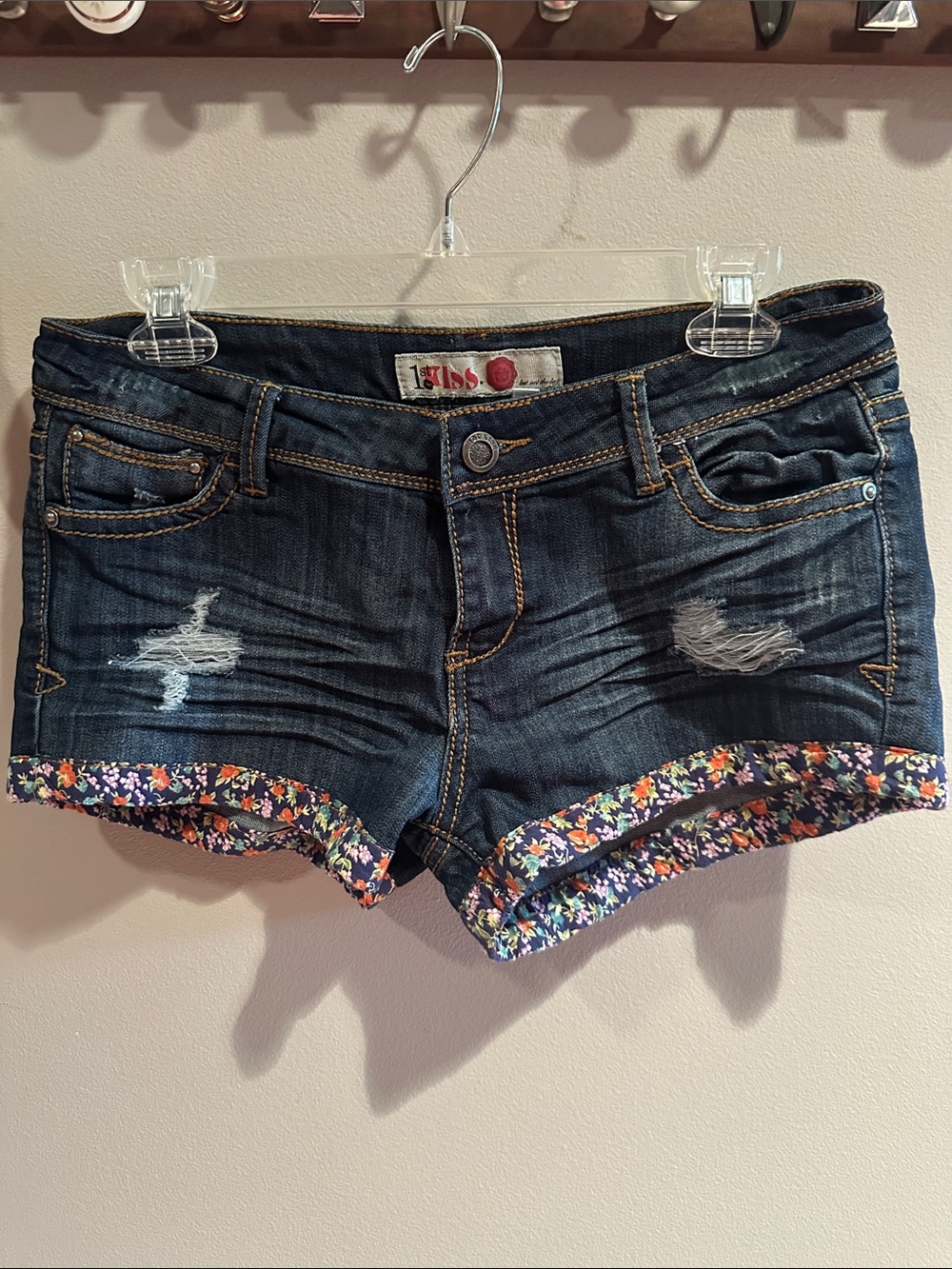 1st Kiss Dark Wash Denim Shorts with Floral Cuff